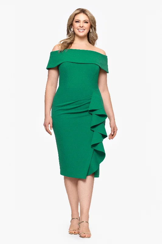 "Kourtney" Scuba Crepe Off the Shoulder Ruffle Midi Dress