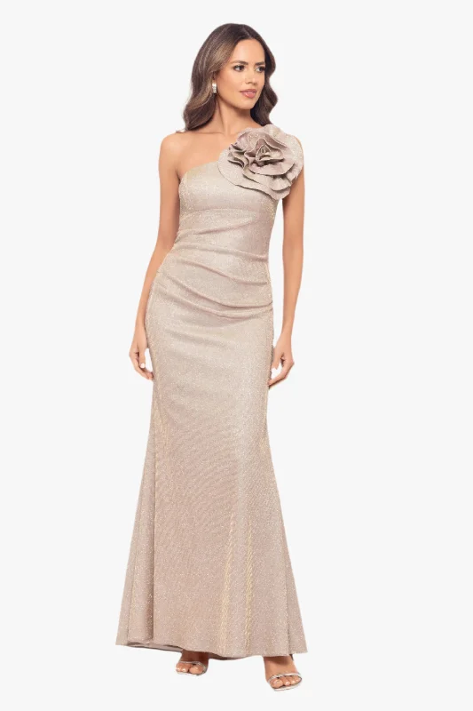 Petite "Phoebe" Galaxy Knit One Shoulder Flower Floor Length Dress