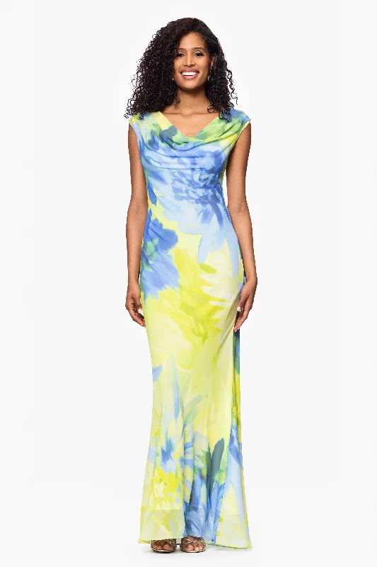 "Isabel" Print Chiffon Cowl Neck Floor Length Dress