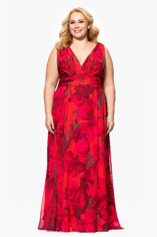 Plus "Jody" Print Chiffon V-Neck Floor Length Dress