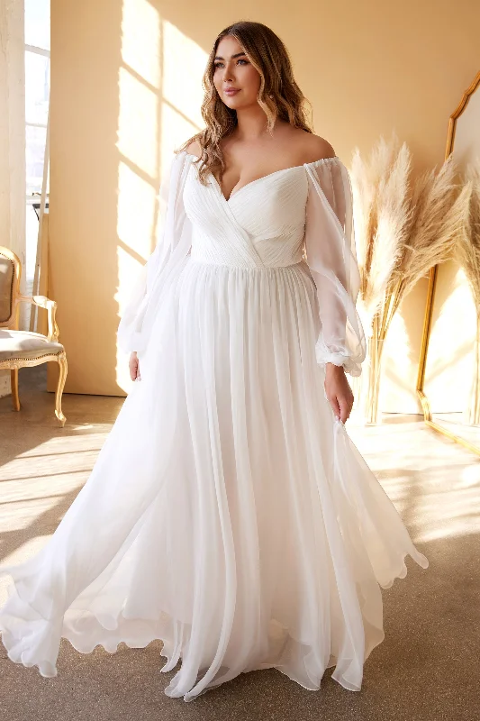 cocktail dresses with ruched bodices for flattering fit --White Curve Long Sleeve Chiffon Gown by Cinderella Divine CD243WC cocktail dresses with ruched bodices for flattering fit --White Curve Long Sleeve Chiffon Gown by Cinderella Divine CD243WC