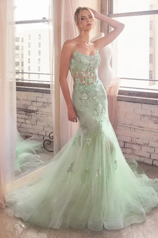 Wedding guest dresses with classic fit-and-flare silhouettes -Floral Applique Sheer Corset Mermaid Dress by Ladivine D145 Wedding guest dresses with classic fit-and-flare silhouettes -Floral Applique Sheer Corset Mermaid Dress by Ladivine D145
