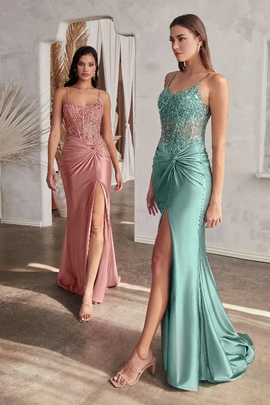 cocktail dresses with satin bows for elegant detail --Beaded Satin Sleeveless Slit Gown by Ladivine CD0176 cocktail dresses with satin bows for elegant detail --Beaded Satin Sleeveless Slit Gown by Ladivine CD0176