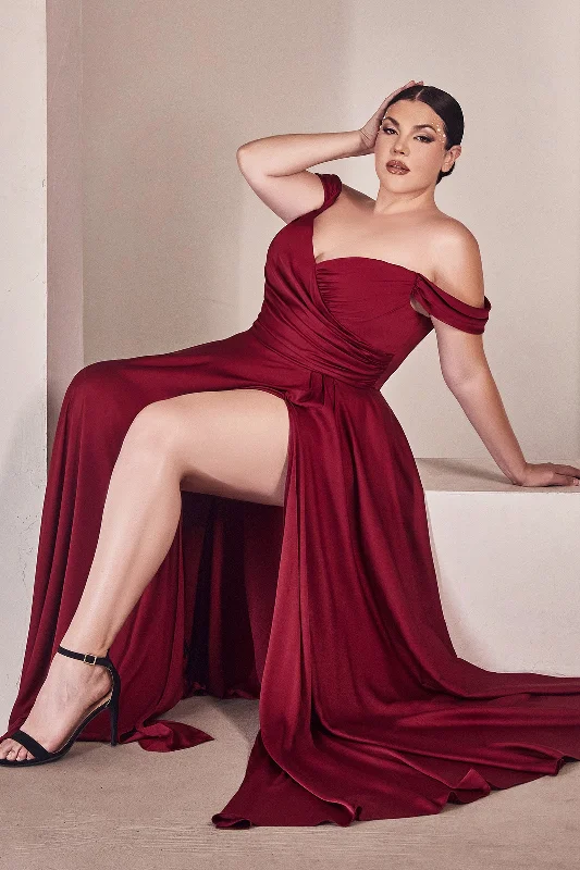 Wedding guest dresses with pleats for added movement -Curve Off Shoulder A-line Satin Gown by Ladivine 7493C Wedding guest dresses with pleats for added movement -Curve Off Shoulder A-line Satin Gown by Ladivine 7493C