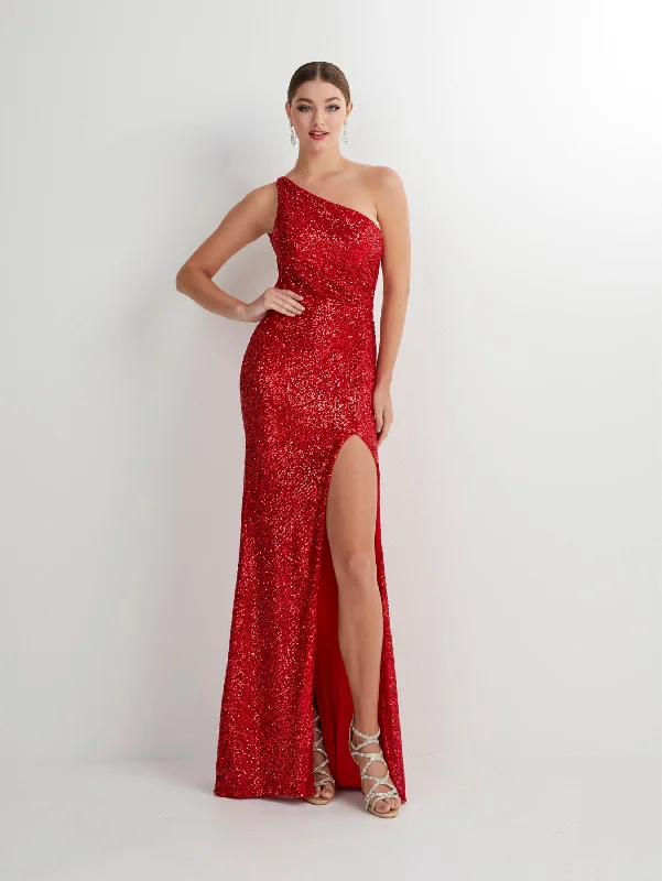 Comfortable wedding guest dresses for outdoor celebrations -Fitted Sequin One Shoulder Slit Gown by Studio 17 12889 Comfortable wedding guest dresses for outdoor celebrations -Fitted Sequin One Shoulder Slit Gown by Studio 17 12889