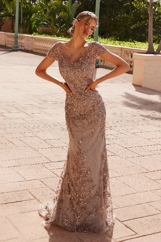 Wedding guest dresses for a romantic, vintage-inspired vibe -Applique Short Sleeve Gown by Nox Anabel MT110 Wedding guest dresses for a romantic, vintage-inspired vibe -Applique Short Sleeve Gown by Nox Anabel MT110