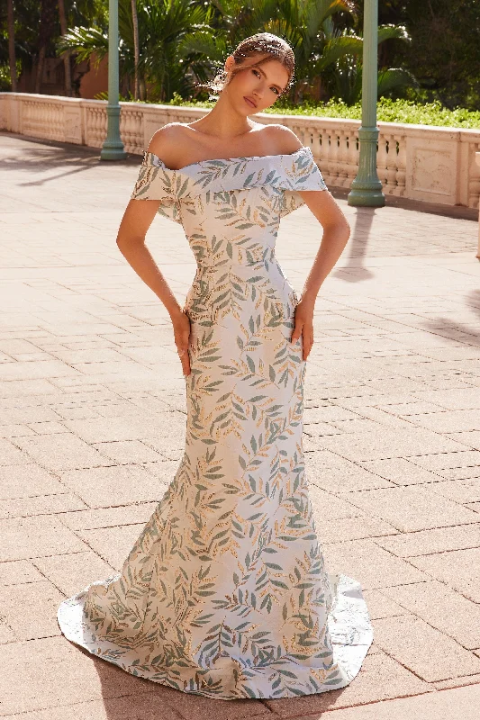 Wedding guest dresses for spring weddings with a boho vibe -Jacquard Off Shoulder Gown by Nox Anabel MJ134 Wedding guest dresses for spring weddings with a boho vibe -Jacquard Off Shoulder Gown by Nox Anabel MJ134