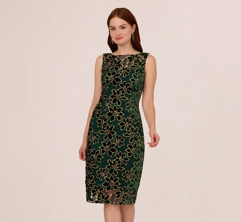Best wedding guest dresses for small intimate gatherings -Metallic Floral Lace Midi Dress With Illusion Neckline In Hunter Gold Best wedding guest dresses for small intimate gatherings -Metallic Floral Lace Midi Dress With Illusion Neckline In Hunter Gold