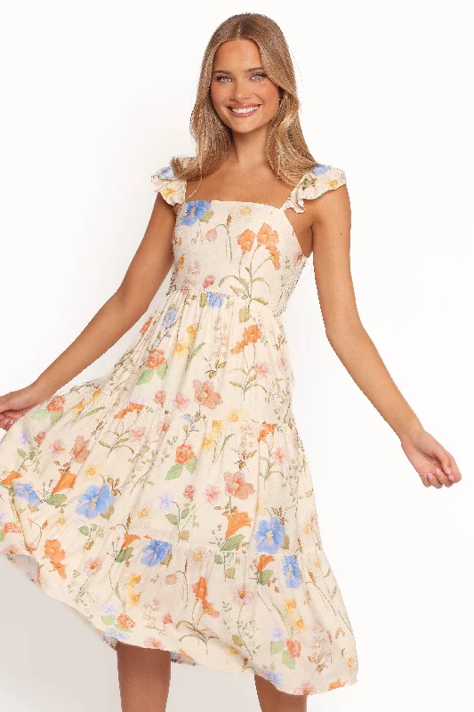 Spring dresses with denim jackets for a casual look -Laela Midi Dress - Floral