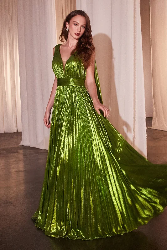 Wedding guest dresses that work for semi-formal weddings -Metallic Pleated A-line Gown by Ladivine CD802 Wedding guest dresses that work for semi-formal weddings -Metallic Pleated A-line Gown by Ladivine CD802
