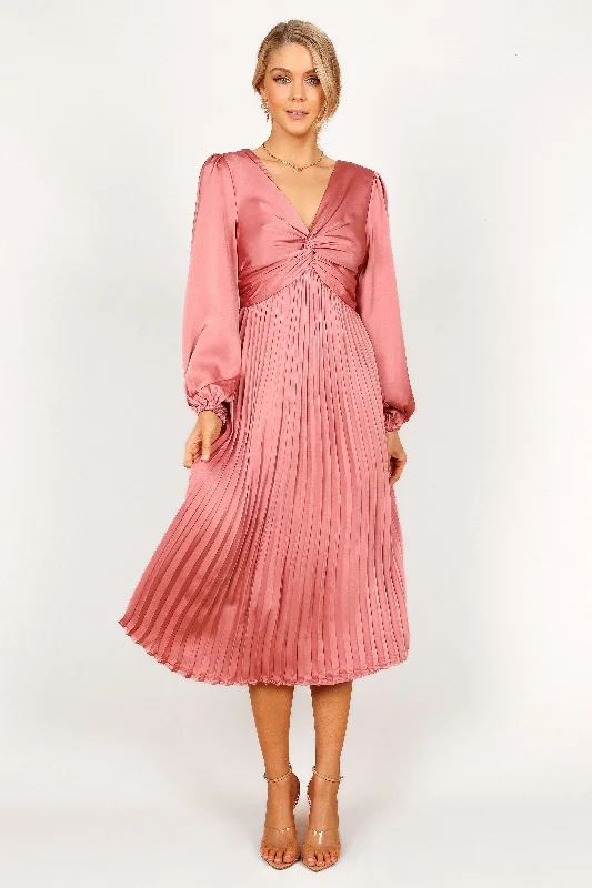 cocktail dresses with high-low skirts for trendy looks --Noelle Twist Front Pleated Midi Dress - Blush cocktail dresses with high-low skirts for trendy looks --Noelle Twist Front Pleated Midi Dress - Blush