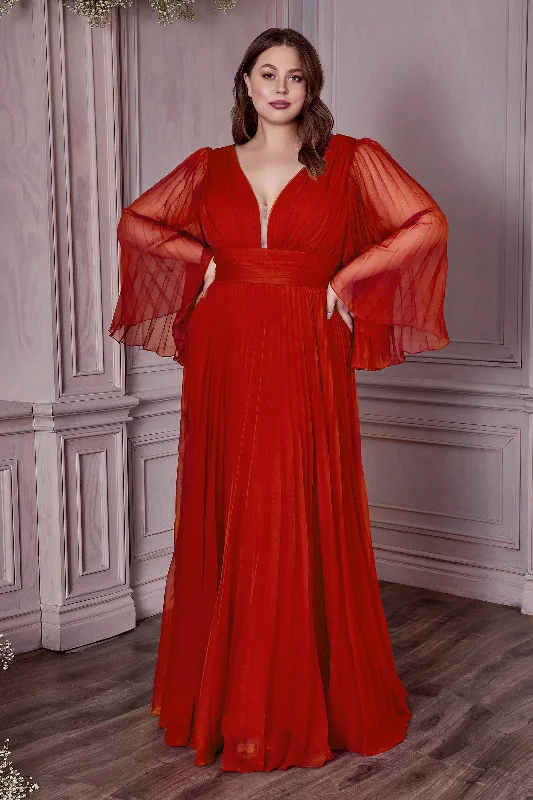 Wedding guest dresses with a flowy silhouette for comfort -Plus Size Pleated Bell Sleeve Gown by Cinderella Divine CD242C Wedding guest dresses with a flowy silhouette for comfort -Plus Size Pleated Bell Sleeve Gown by Cinderella Divine CD242C