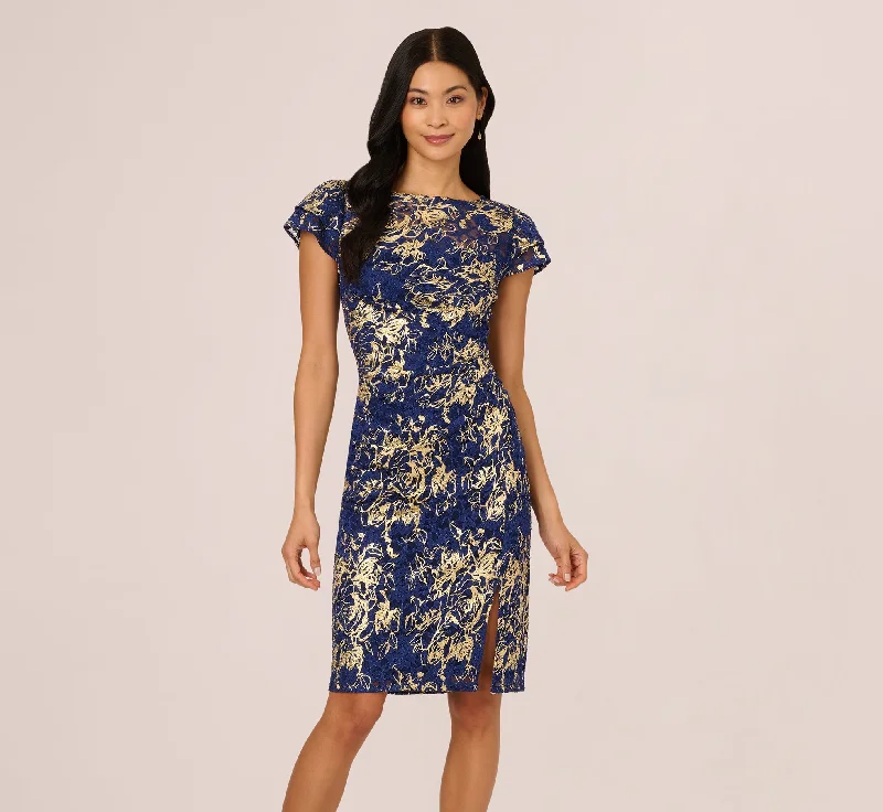 Trendy tiered dresses for wedding guests who want to stand out -Cap Sleeve Foil Lace Sheath Dress In Navy Gold Trendy tiered dresses for wedding guests who want to stand out -Cap Sleeve Foil Lace Sheath Dress In Navy Gold