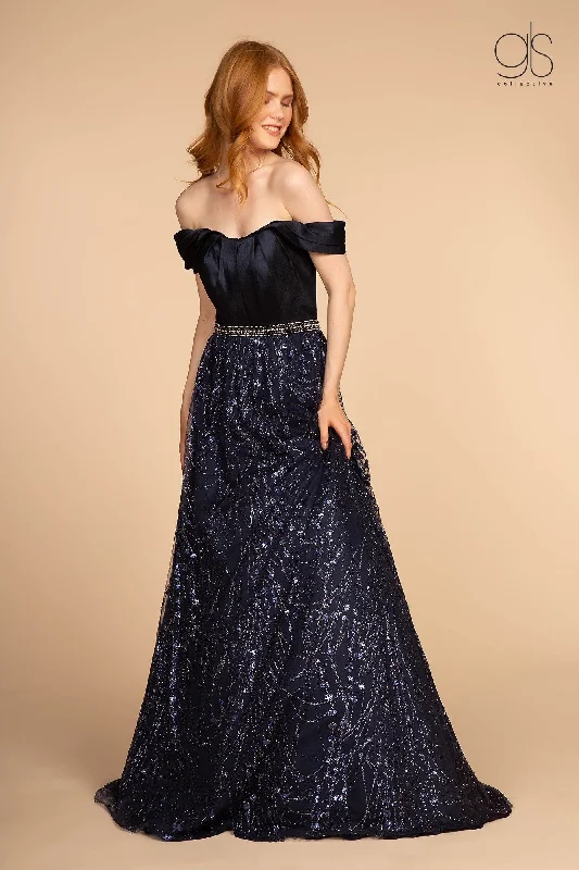 cocktail dresses with velvet bodices for winter glam --Long Off Shoulder Dress with Glitter Print Skirt by Elizabeth K GL2530 cocktail dresses with velvet bodices for winter glam --Long Off Shoulder Dress with Glitter Print Skirt by Elizabeth K GL2530