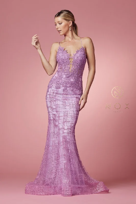 cocktail dresses with floral embroidery for romantic occasions --Glitter Print V-Neck Mermaid Dress by Nox Anabel R282-1 cocktail dresses with floral embroidery for romantic occasions --Glitter Print V-Neck Mermaid Dress by Nox Anabel R282-1
