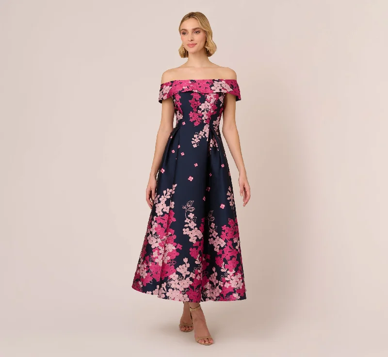 Wedding guest dresses for minimalist-themed weddings -Floral Jacquard Ankle Length Dress With Off The Shoulder Neckline In Navy Pink Multi Wedding guest dresses for minimalist-themed weddings -Floral Jacquard Ankle Length Dress With Off The Shoulder Neckline In Navy Pink Multi