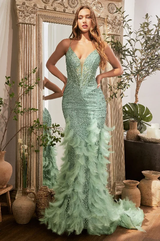 formal dresses with high necklines for modest fashion lovers --Glitter Sleeveless Feather Mermaid Dress by Ladivine CC1608 formal dresses with high necklines for modest fashion lovers --Glitter Sleeveless Feather Mermaid Dress by Ladivine CC1608