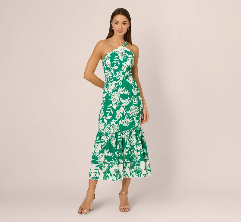 Spring dresses for outdoor events and picnics -One Shoulder Floral Flounce Midi Dress In Green White Spring dresses for outdoor events and picnics -One Shoulder Floral Flounce Midi Dress In Green White