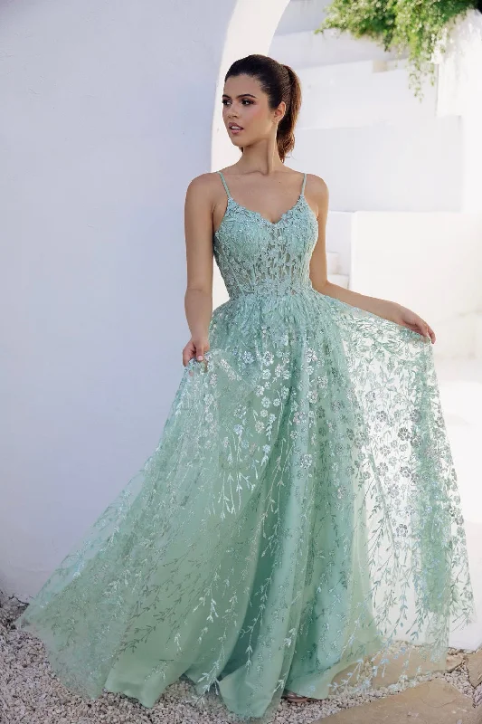cocktail dresses with satin belts for waist definition --Glitter Print V-Neck A-line Gown by Eureka 9908