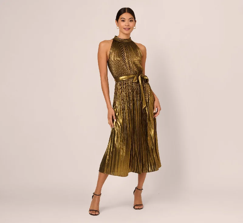 Spring dresses for a garden wedding guest look -Halter Pleated Metallic Dress In Gold Spring dresses for a garden wedding guest look -Halter Pleated Metallic Dress In Gold