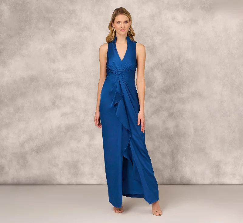 formal dresses with sheer panels for modern style --Crepe Back Satin Sleeveless Gown With Ruffle Accent In Deep Ocean formal dresses with sheer panels for modern style --Crepe Back Satin Sleeveless Gown With Ruffle Accent In Deep Ocean