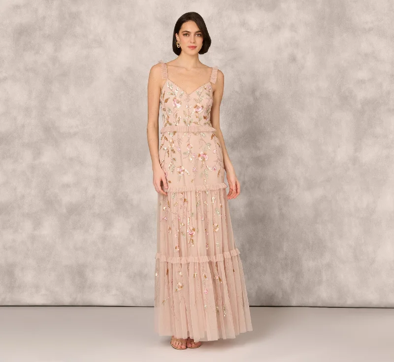 formal dresses with pleated skirts for graceful movement --Floral Beaded Tiered Gown With Ruffle Details In Pink Multi formal dresses with pleated skirts for graceful movement --Floral Beaded Tiered Gown With Ruffle Details In Pink Multi