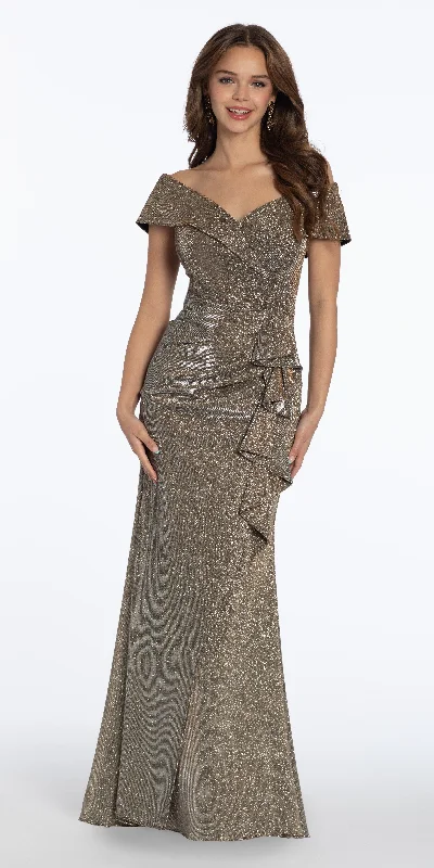 Unique metallic party dresses for bold looks -Metallic Off the Shoulder Column Dress with Side Drape Unique metallic party dresses for bold looks -Metallic Off the Shoulder Column Dress with Side Drape