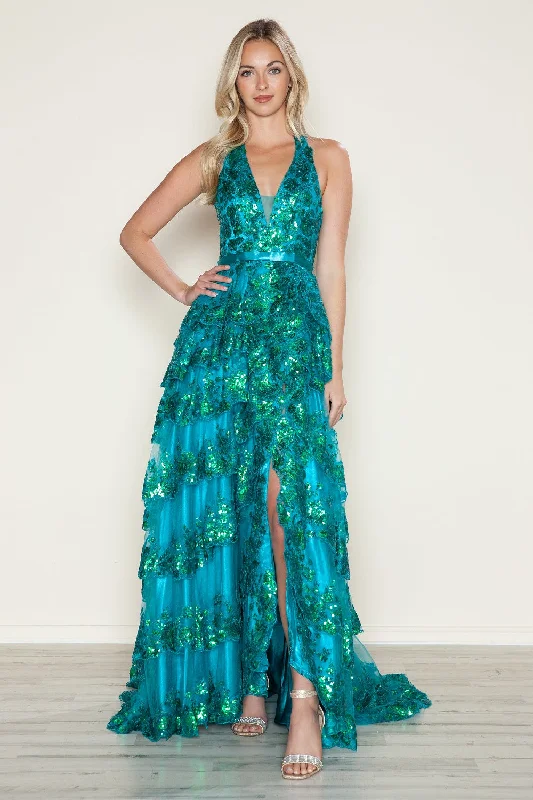 cocktail dresses with floral appliques for spring vibes --Applique Halter Tiered Slit Gown by Poly USA 9618 - Outlet
