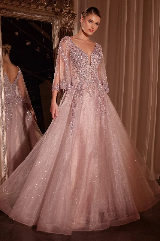 Wedding guest dresses that pair beautifully with a shawl -Applique Bell Sleeve A-line Gown by Ladivine CD784 Wedding guest dresses that pair beautifully with a shawl -Applique Bell Sleeve A-line Gown by Ladivine CD784