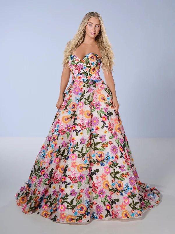 formal dresses with pleated skirts for graceful movement --Floral Print Strapless Gown by Tiffany Designs 16176 formal dresses with pleated skirts for graceful movement --Floral Print Strapless Gown by Tiffany Designs 16176