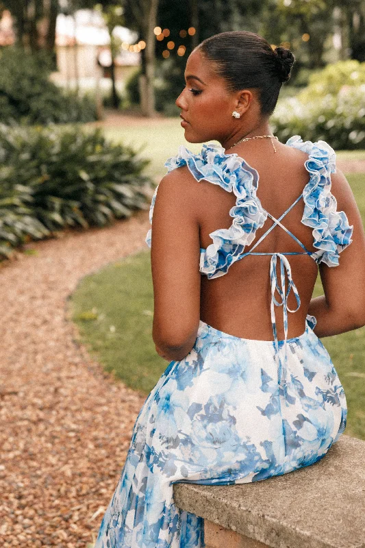 Graduation dresses for a formal event with a touch of glamour -Lucah Frill Shoulder Maxi Dress - Blue White Floral Graduation dresses for a formal event with a touch of glamour -Lucah Frill Shoulder Maxi Dress - Blue White Floral