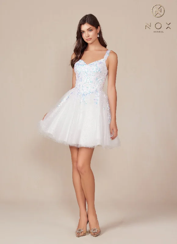 Graduation dresses with a deep V-neck for a bold statement -White Applique Short Sleeveless Dress by Nox Anabel H846W Graduation dresses with a deep V-neck for a bold statement -White Applique Short Sleeveless Dress by Nox Anabel H846W