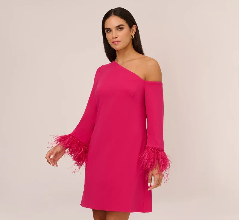 Short wedding guest dresses for summer events -Knit Crepe One Shoulder Long Sleeve Dress With Feather Accents In Bright Rose Short wedding guest dresses for summer events -Knit Crepe One Shoulder Long Sleeve Dress With Feather Accents In Bright Rose