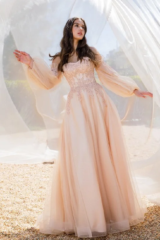 cocktail dresses with velvet finishes for winter warmth --Strapless Puff Sleeve A-line Gown by Eureka 9505