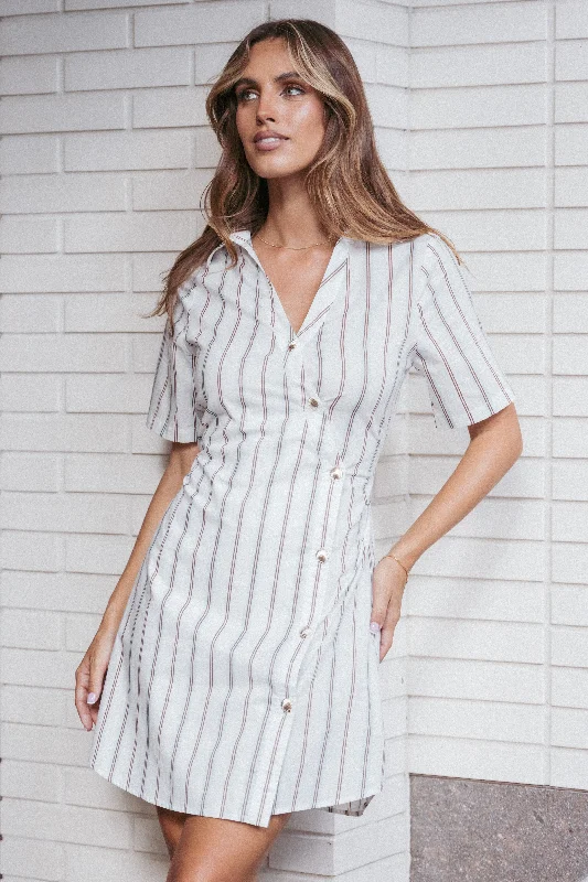 Spring dresses with wrap-around skirts for flattering styles -Hayes Mini Dress - Blue Stripe Spring dresses with wrap-around skirts for flattering styles -Hayes Mini Dress - Blue Stripe