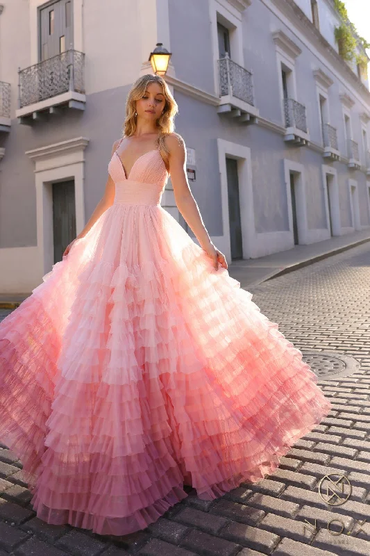 formal dresses with detachable capes for dramatic effect --Sleeveless Ombre Ruffled Slit Gown by Nox Anabel C1420 formal dresses with detachable capes for dramatic effect --Sleeveless Ombre Ruffled Slit Gown by Nox Anabel C1420