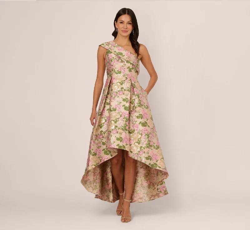 formal dresses with built-in cooling technology for hot climates --One Shoulder Metallic Floral Jacquard High Low Gown In Pink Green Multi formal dresses with built-in cooling technology for hot climates --One Shoulder Metallic Floral Jacquard High Low Gown In Pink Green Multi