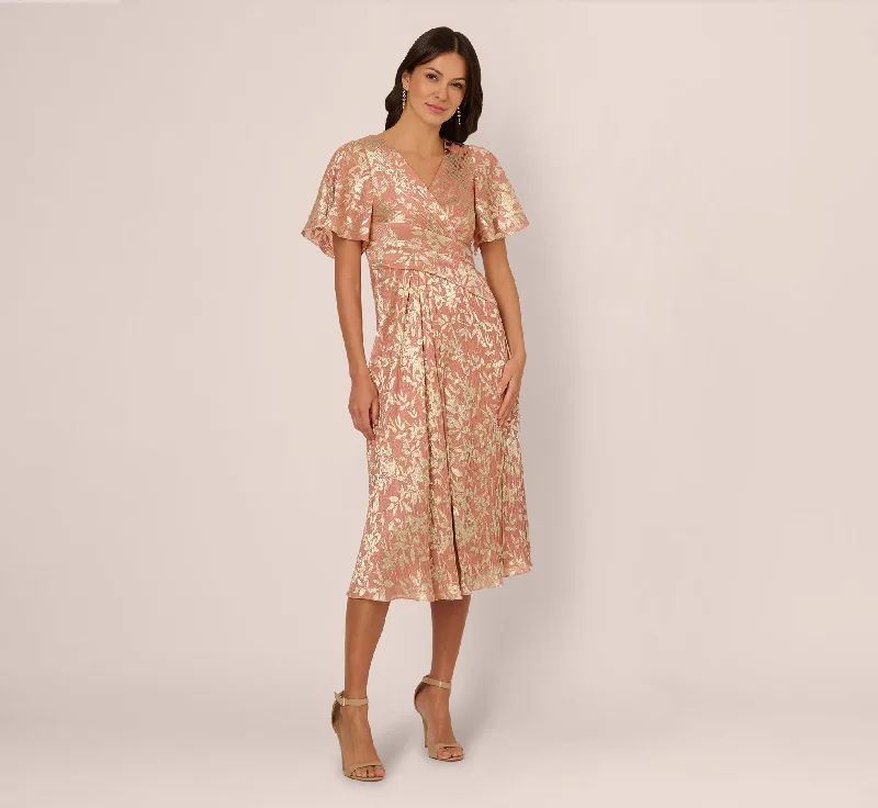 Modern wedding guest dresses with minimalist designs -Flutter Sleeve Draped Foil Leaf Midi Dress In Coral Gold Modern wedding guest dresses with minimalist designs -Flutter Sleeve Draped Foil Leaf Midi Dress In Coral Gold