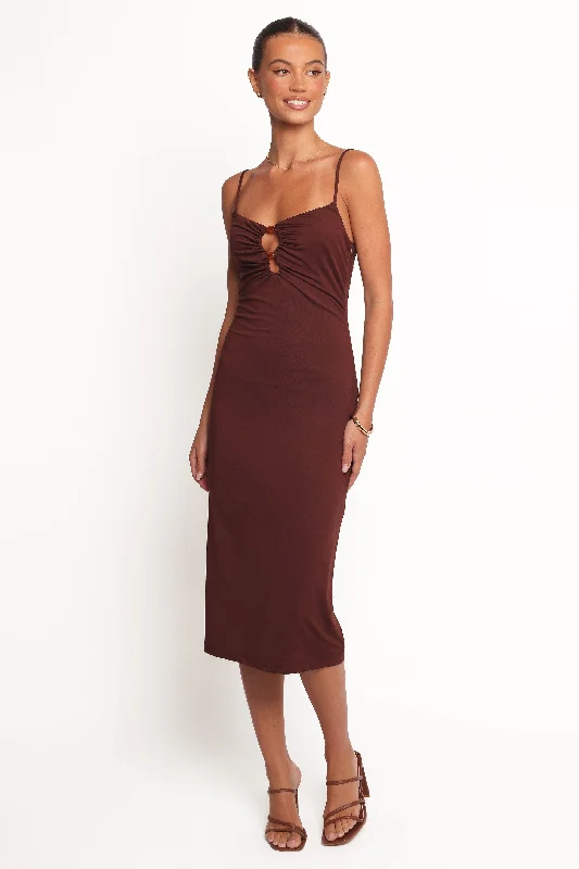 Unique party dresses with floral accents -Ashy Midi Dress - Brown