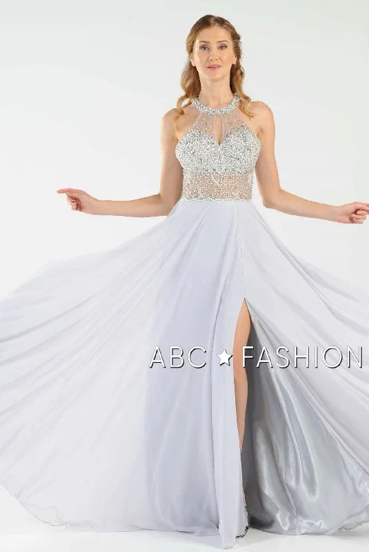 cocktail dresses with cutout backs for bold style --Long Beaded Halter Dress with Sheer Keyhole Bodice by Poly USA 8202