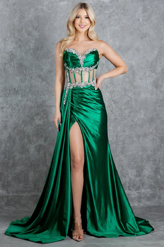 formal dresses for holiday parties in jewel tones --Beaded Satin Corset Slit Gown by Cinderella Couture 8214J formal dresses for holiday parties in jewel tones --Beaded Satin Corset Slit Gown by Cinderella Couture 8214J
