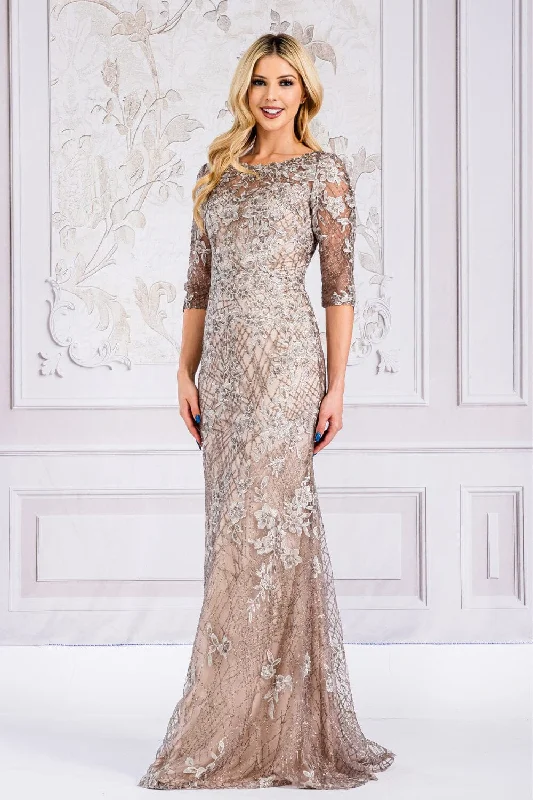 Wedding guest dresses for winter formal weddings -Floral Embroidered Mid-Sleeve Gown by Amelia Couture 7045 Wedding guest dresses for winter formal weddings -Floral Embroidered Mid-Sleeve Gown by Amelia Couture 7045