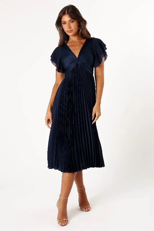 tulle bridesmaid dresses with layered skirts for volume and movement --Nova Flutter Sleeve Midi Dress - Navy tulle bridesmaid dresses with layered skirts for volume and movement --Nova Flutter Sleeve Midi Dress - Navy