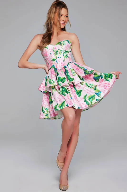 Elegant party dresses for formal holiday events -Floral Print Short Strapless A-line Dress by Jovani JVN37057 Elegant party dresses for formal holiday events -Floral Print Short Strapless A-line Dress by Jovani JVN37057