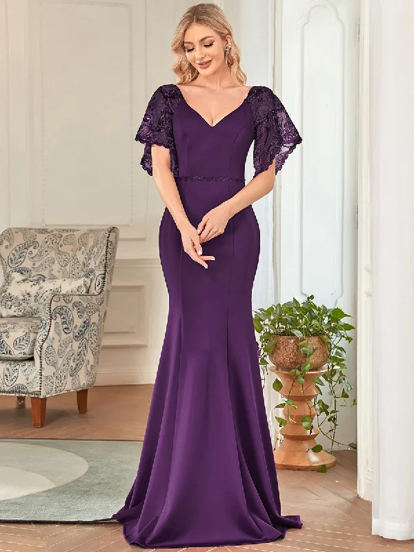 formal dresses with open backs and crisscross straps --Sexy Maxi Long Deep V Neck Wholesale Party Dress With Flare Sleeves