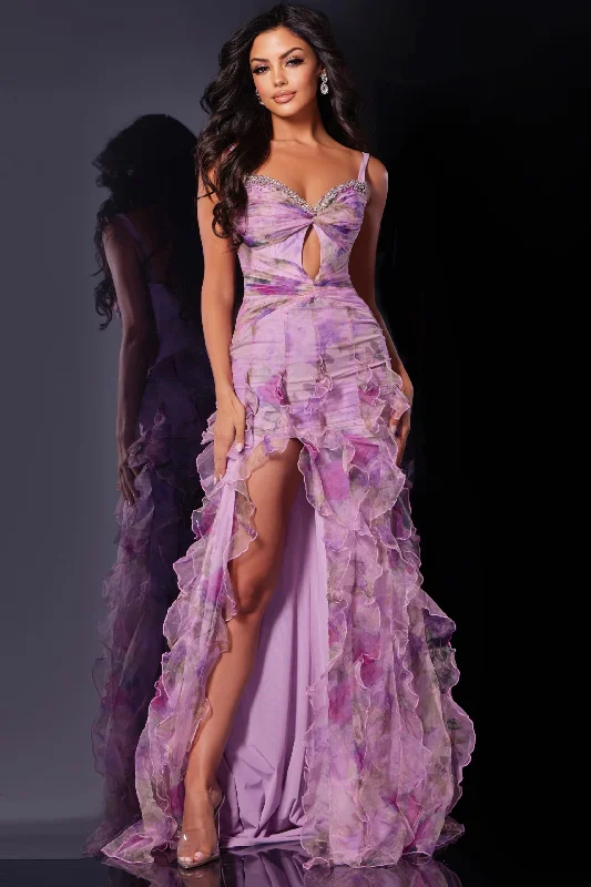 cocktail dresses with long sleeves for cooler weather --Floral Print Fitted Sleeveless Slit Gown by Jovani D5113 - Outlet