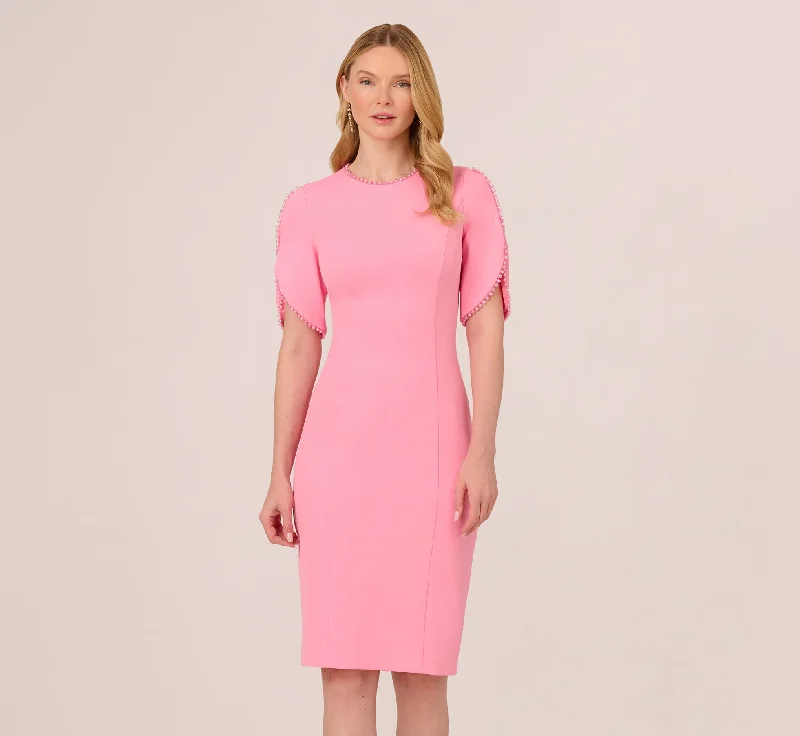 Light spring dresses for cool evenings -Crepe Midi Length Sheath Dress With Pearl Trimmed Sleeves In Cherry Blossom Light spring dresses for cool evenings -Crepe Midi Length Sheath Dress With Pearl Trimmed Sleeves In Cherry Blossom
