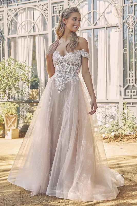 Best wedding guest dresses for a formal evening dinner -Applique Off Shoulder Bridal Gown by Nox Anabel C1107W Best wedding guest dresses for a formal evening dinner -Applique Off Shoulder Bridal Gown by Nox Anabel C1107W