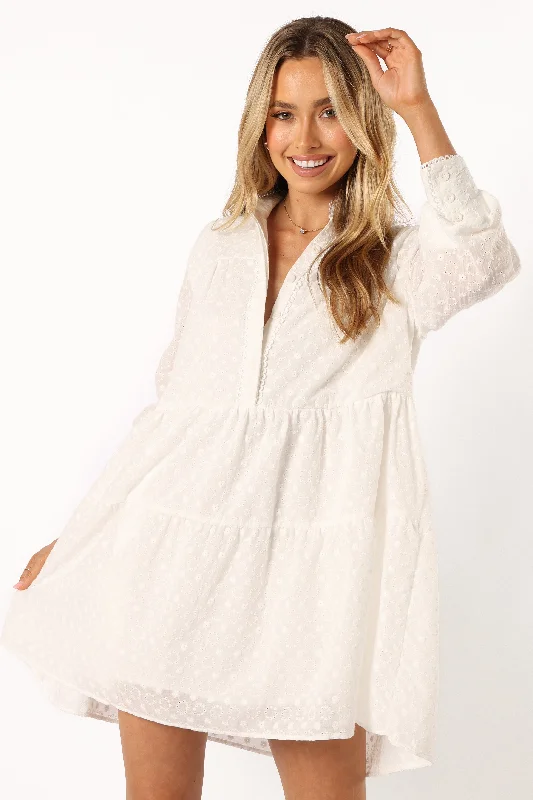 Black velvet party dresses for winter events -Delia Long Sleeve Mini Dress - White