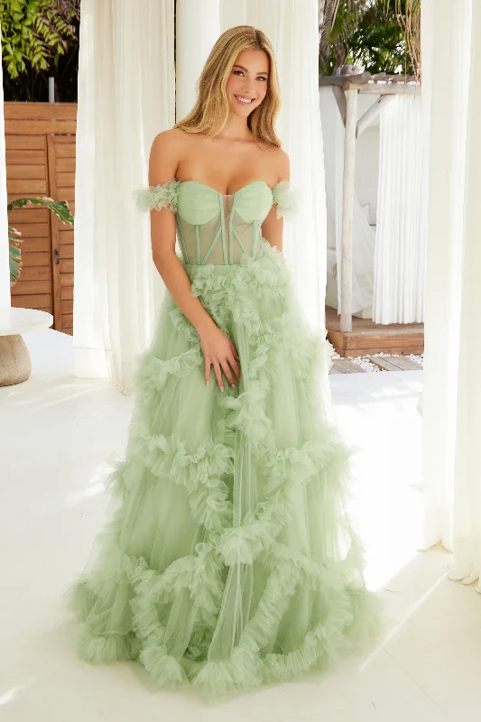 formal dresses with satin belts for waist definition --Off Shoulder Ruffled A-line Gown by Nox Anabel Y1472 formal dresses with satin belts for waist definition --Off Shoulder Ruffled A-line Gown by Nox Anabel Y1472